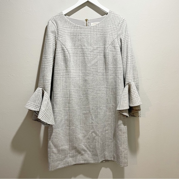 SAIL TO SABLE Women’s Gray Ivory Plaid Bell Sleeve Wool Blend Dress Lined Sz 14 - Picture 2 of 8